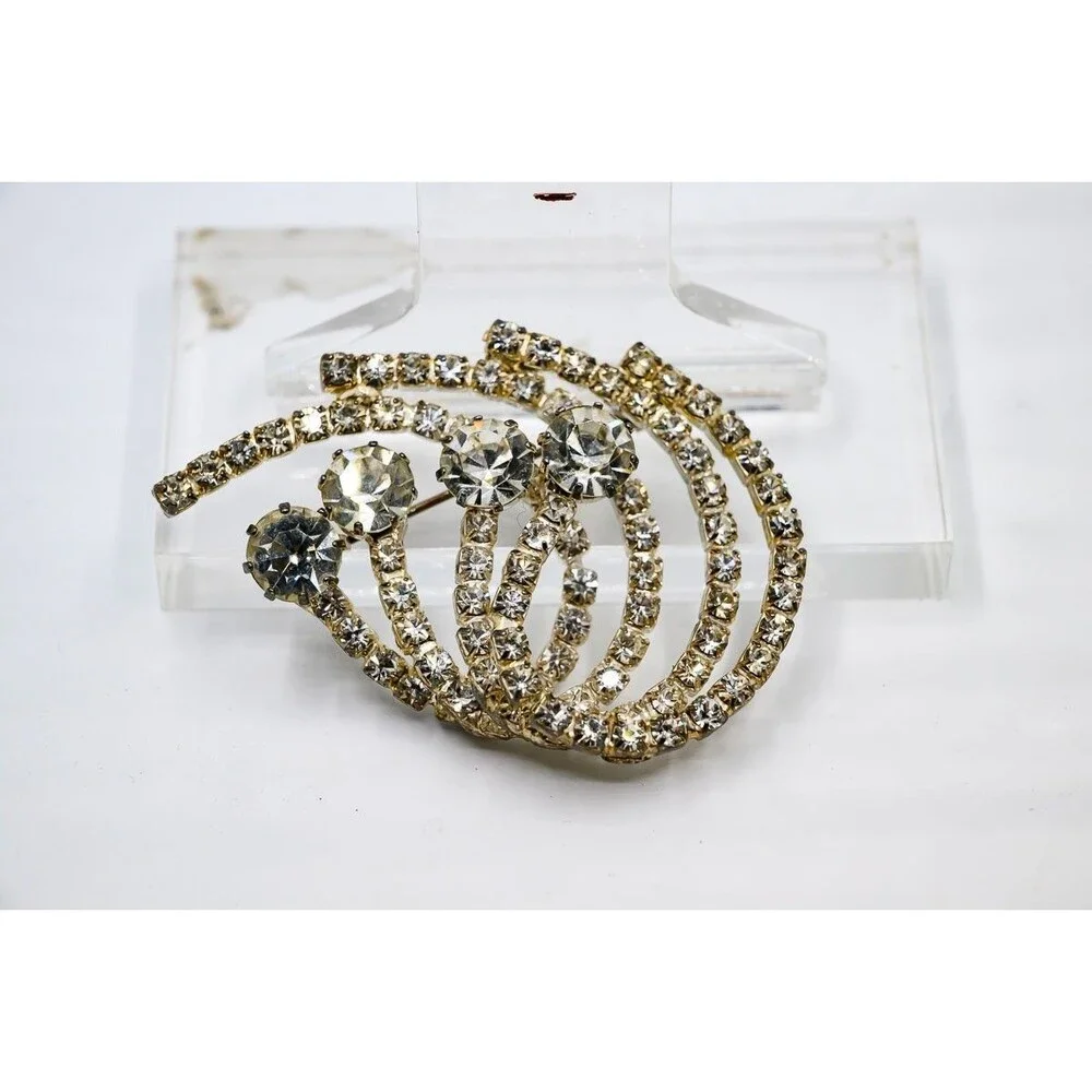 Vintage Rhinestone Pin Brooch Silver Tone Swirl wave